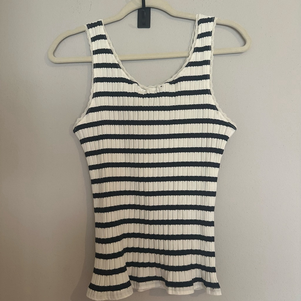 Truth by Republic M Striped Ribbed Tank Top women's White Black stretch - Picture 2 of 11